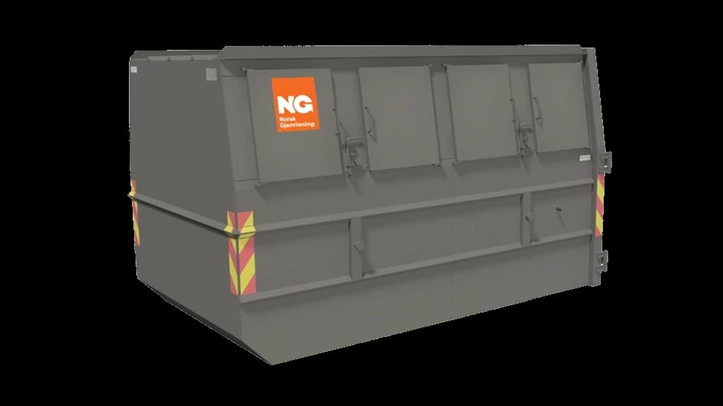 Lukket, grå container med Norsk Gjenvinning-logo. Illustrasjon.