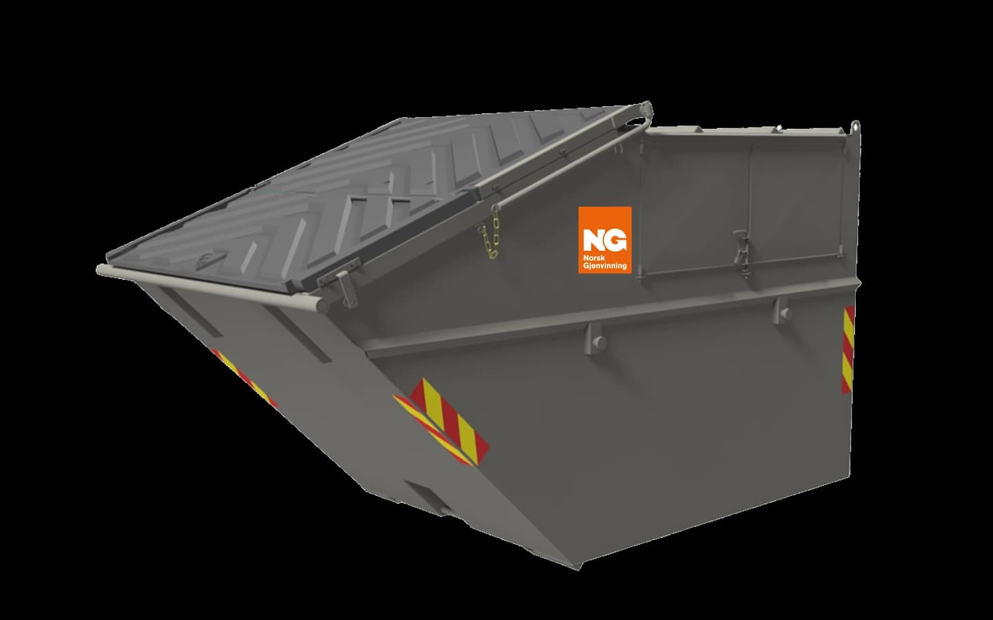 Grå container med Norsk Gjenvinning-logo. Illustrasjon.