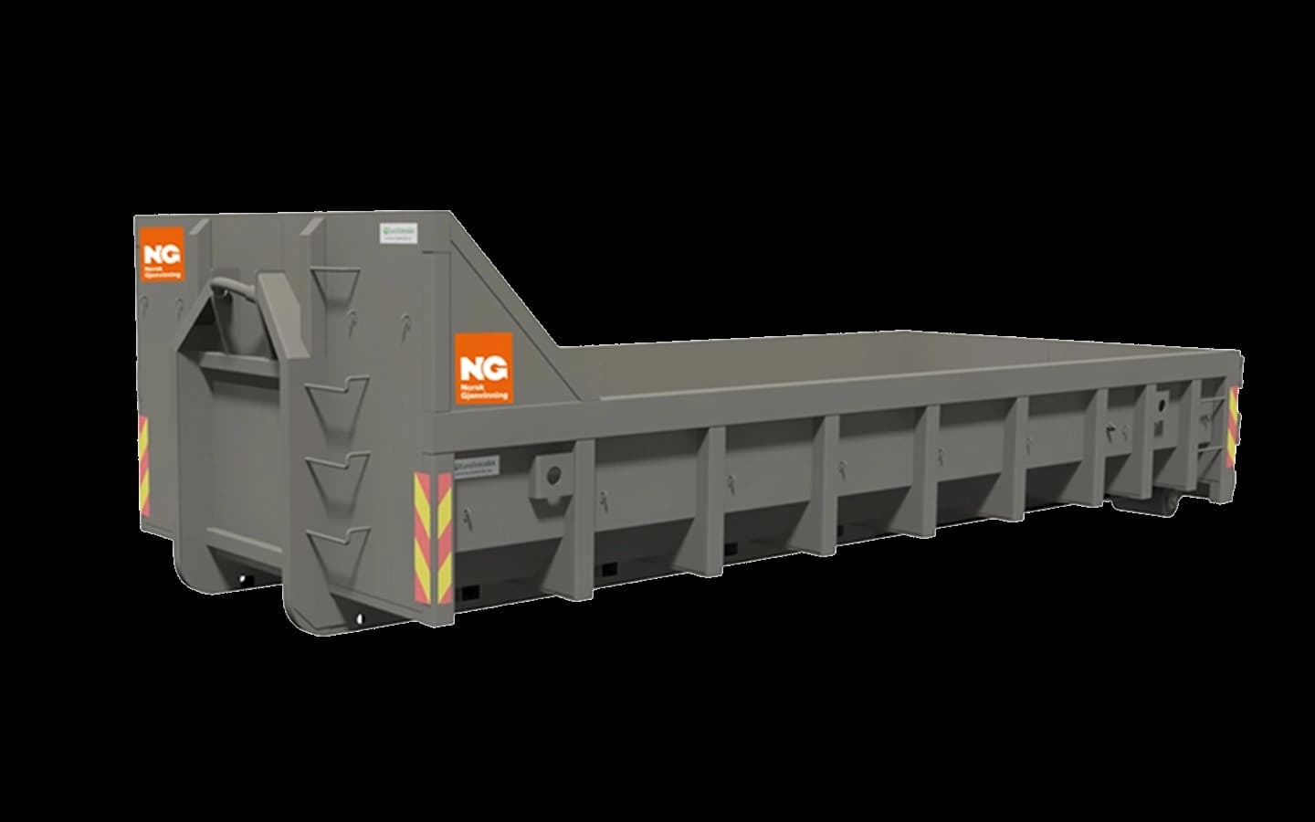 Åpen, grå container med Norsk Gjenvinning-logo. Illustrasjon.