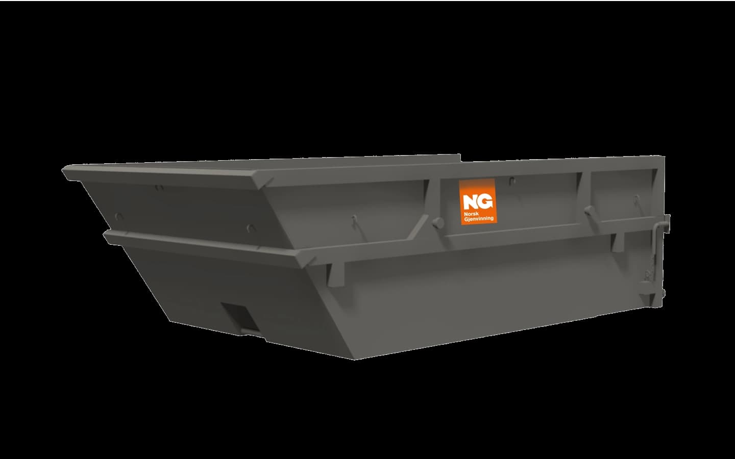 Åpen, grå container med Norsk Gjenvinning-logo. Illustrasjon.