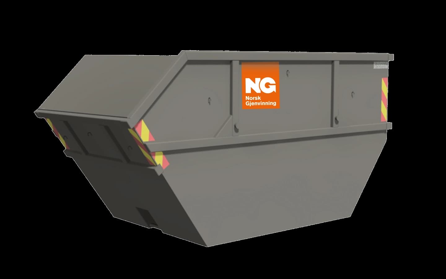 Åpen, grå container med Norsk Gjenvinning-logo. Illustrasjon.