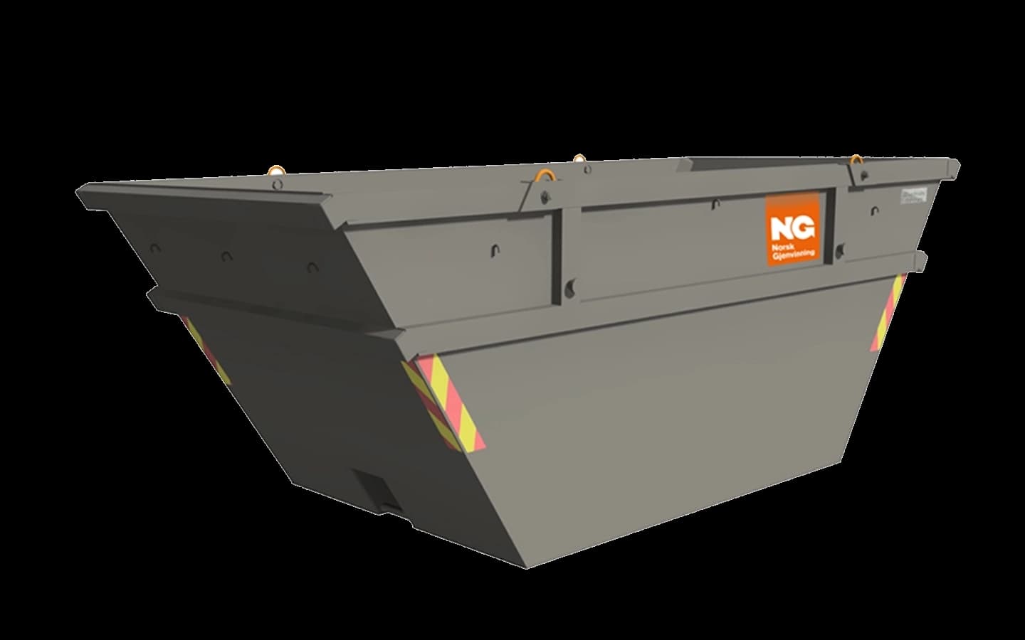 Åpen, grå container med Norsk Gjenvinning-logo. Illustrasjon.