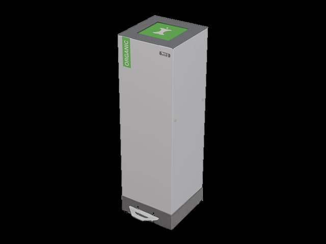 Grå avfallsbeholder med pedal og lokk. Foto.