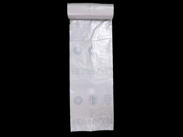 Plastsekk på rull med trykk "Returplast". Foto.