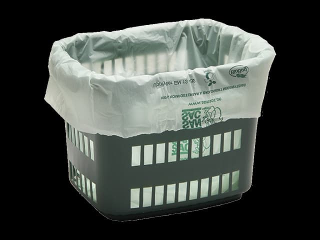 Plastboks med plastpose i. Foto.