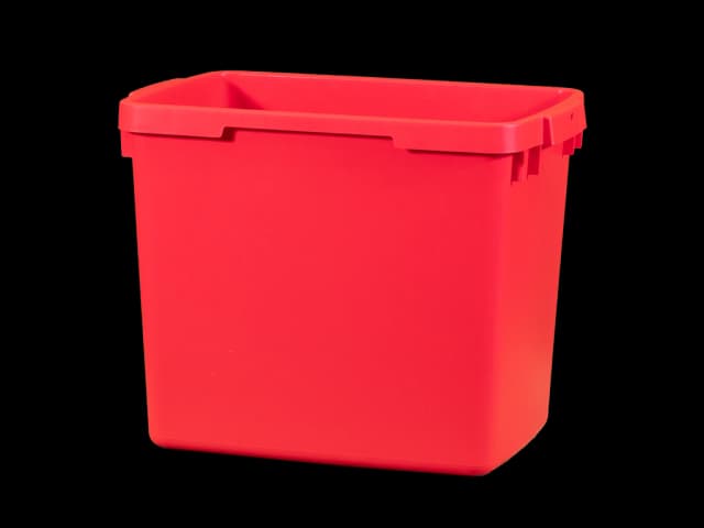 Rød plastboks for avfall. Foto.
