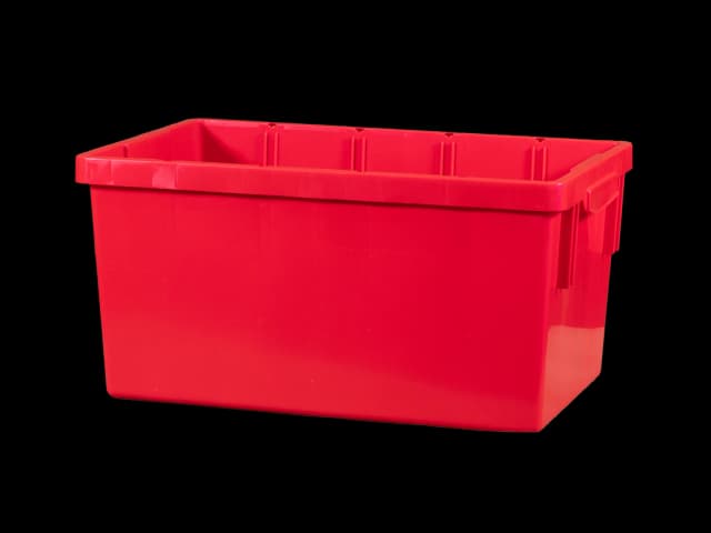 Rød plastboks for avfall. Foto.