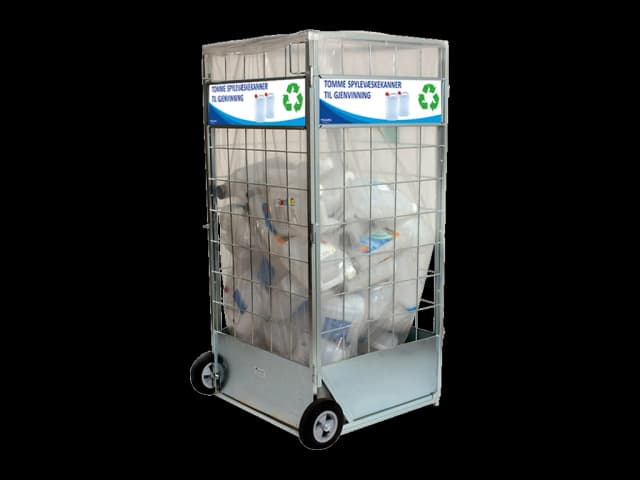 Bur i stål med hjul for innsamling av forskjellig typer avfall. Foto.