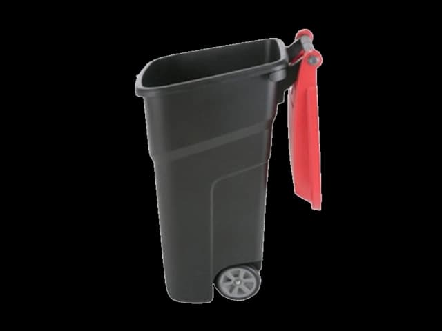 Grå avfallsbeholder med rødt lokk. Foto.