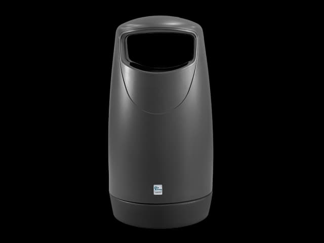 Grå, rund avfallsbeholder i plast med åpent innkast. Foto.