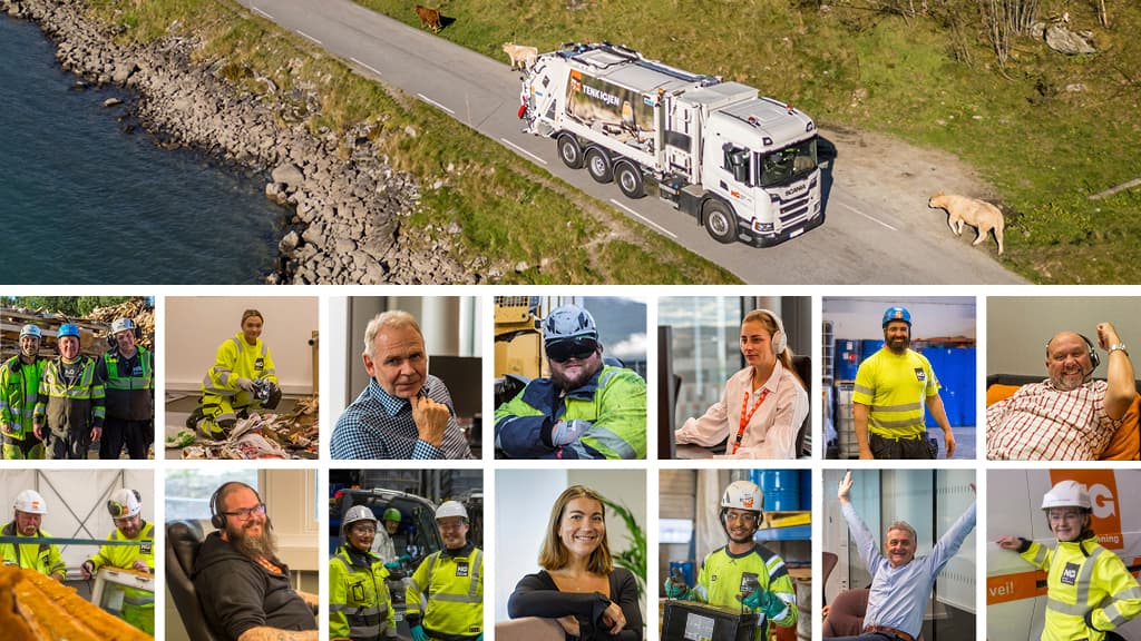 Bildecollage av komprimatorbil og medarbeidere i Norsk Gjenvinning. Foto.