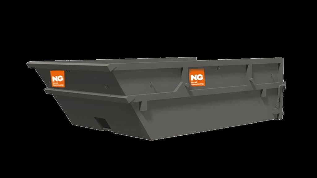 Åpen, grå container med Norsk Gjenvinning-logo. Illustrasjon.