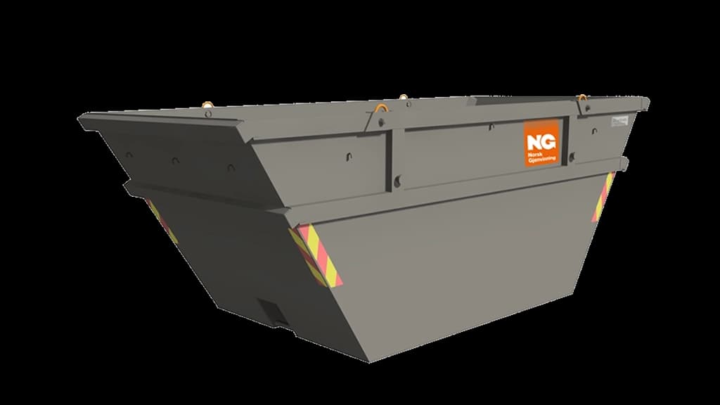 Åpen, grå container med Norsk Gjenvinning-logo. Illustrasjon.