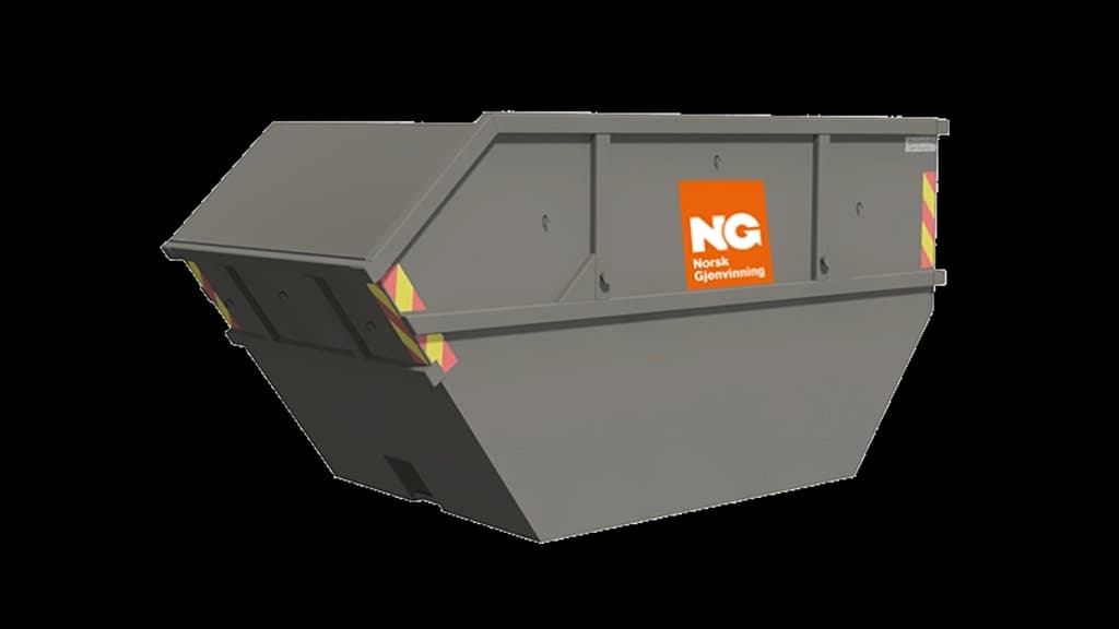 Åpen, grå container med Norsk Gjenvinning-logo. Illustrasjon.