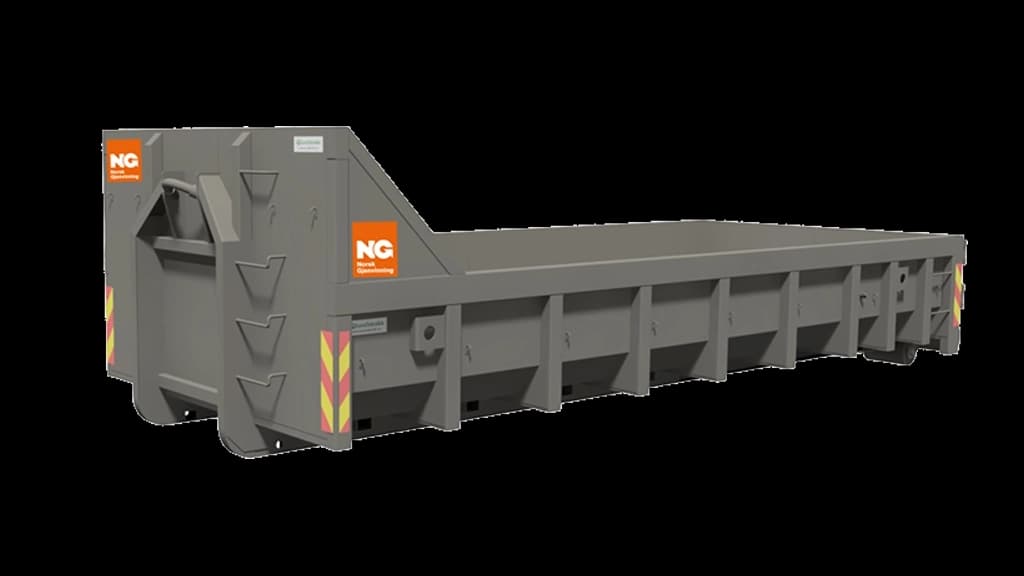 Åpen, grå container med Norsk Gjenvinning-logo. Illustrasjon.