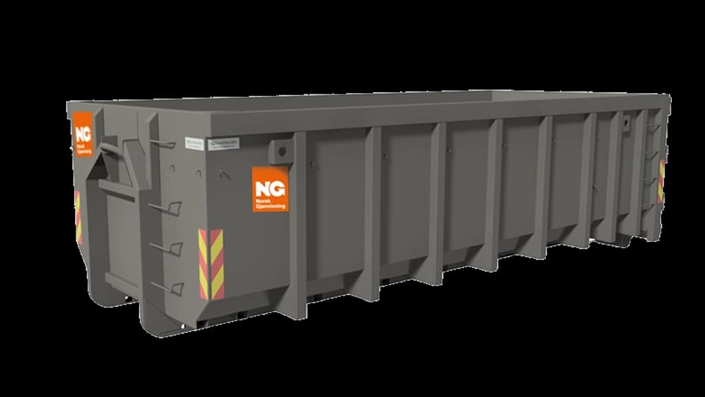 Åpen, grå container med Norsk Gjenvinning-logo. Illustrasjon.