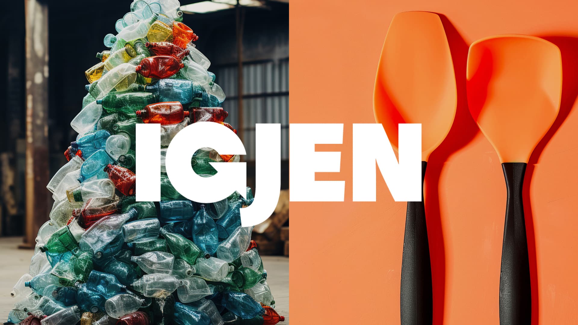 Plastflasker blir til nye plastartikler med teksten "igjen". Foto.