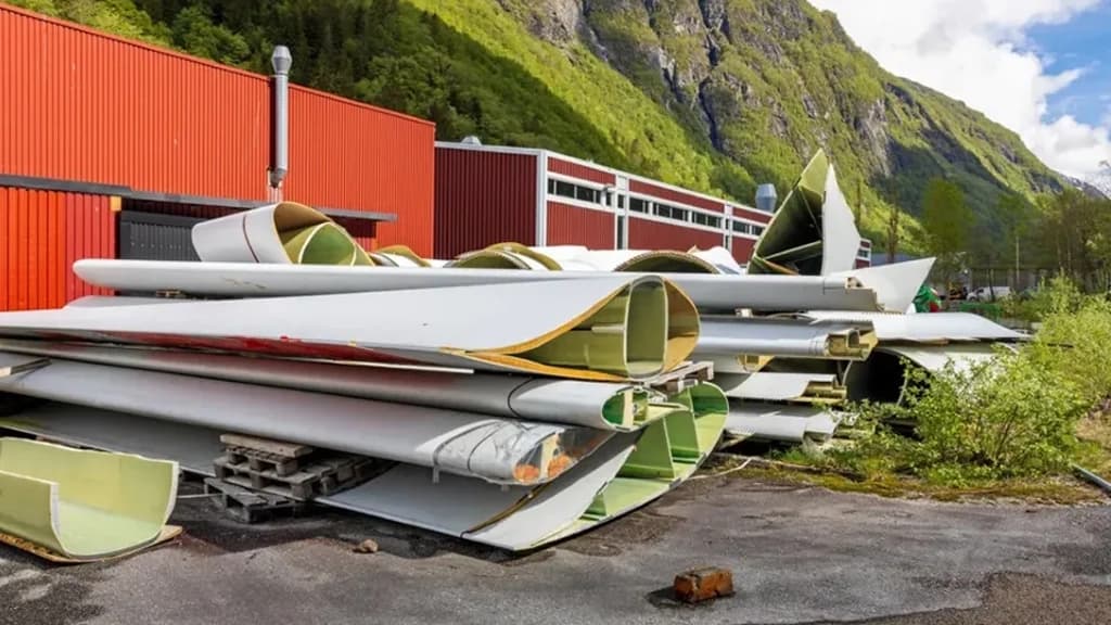 Vindturbinblader som er kappet og klare for gjenvinning. Foto.