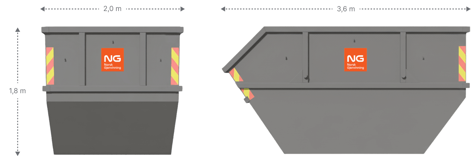 Illustrasjon av 10 m³ åpen container med mål 3,6 meter lengde, 2,0 meter bredde og 1,8 meter høyde, egnet for dugnad og blandet avfall.