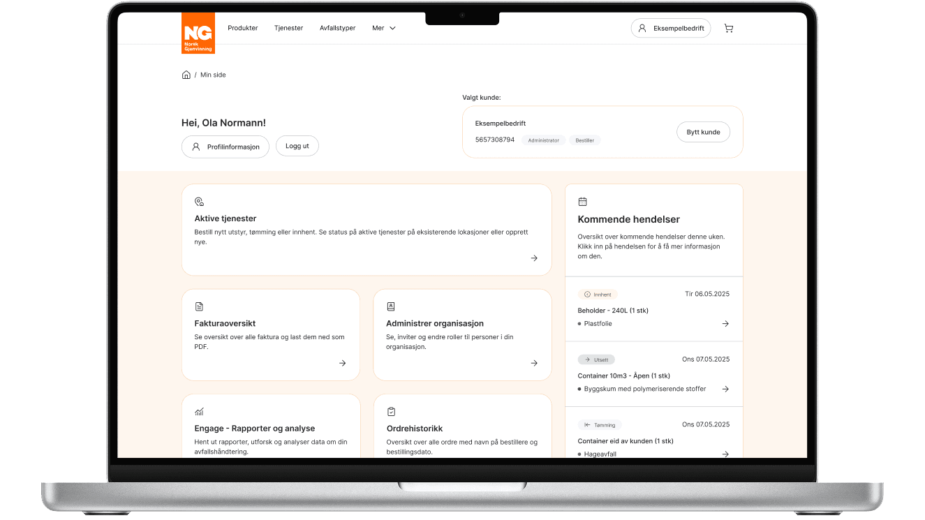Skjermdump på en bærbar Mac som viser forsiden når man er logget inn på kundeportalen til Norsk Gjenvinning.