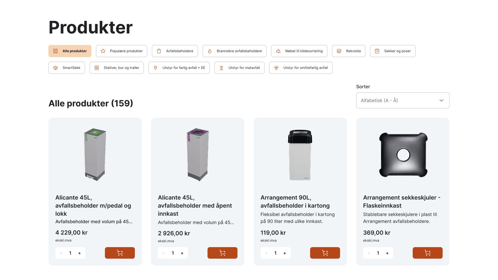 Skjermdump av nettbutikken til Norsk Gjenvinning som viser fire av produktene som tilbys og at de kan legges i en handlekurv for kjøp