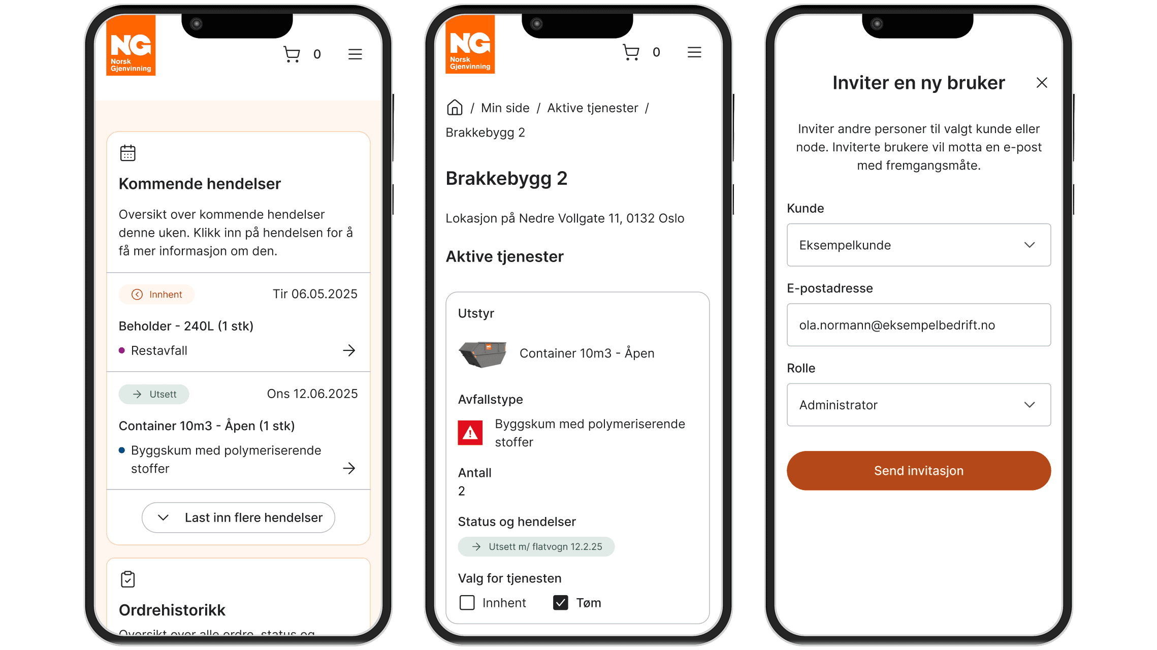 Skjermdumper av Min side hos Norsk Gjenvinning som viser at når man er logget inn fungerer det å bruke løsningen på mobil