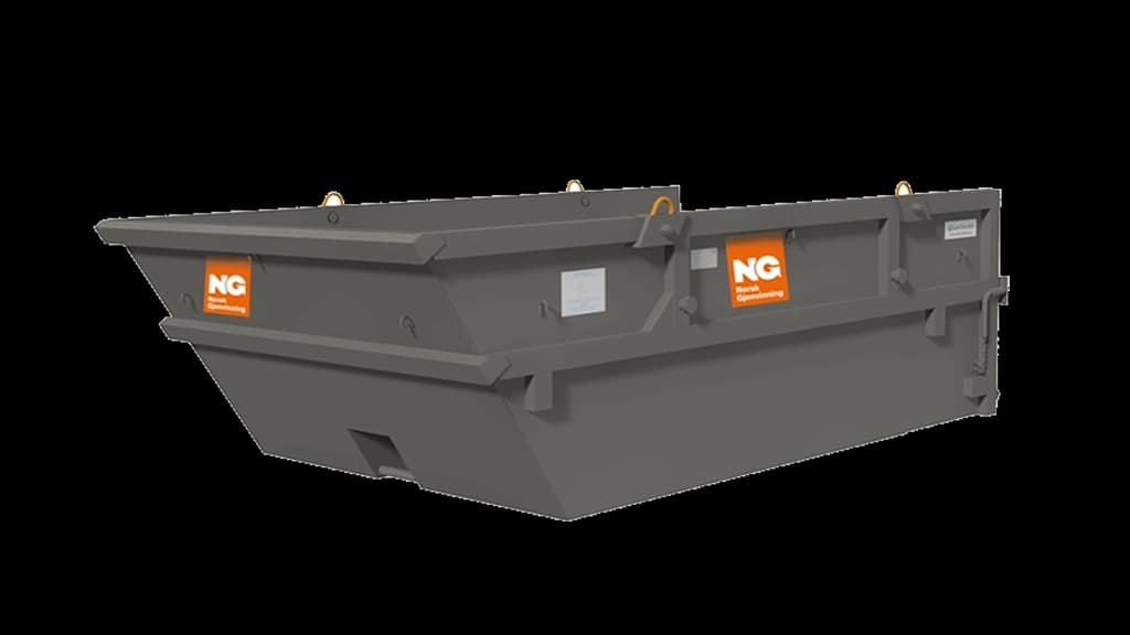 Åpen, grå container med Norsk Gjenvinning-logo. Illustrasjon.