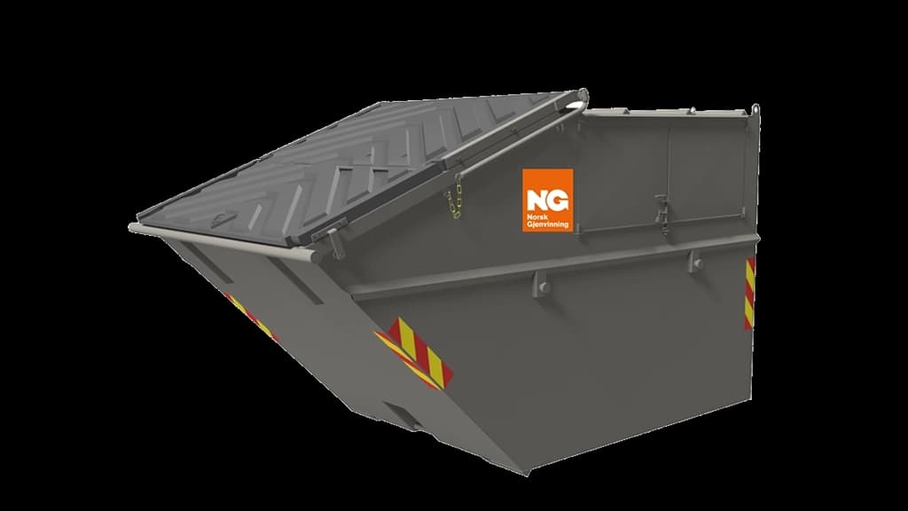 Lukket, grå container med Norsk Gjenvinning-logo. Illustrasjon.
