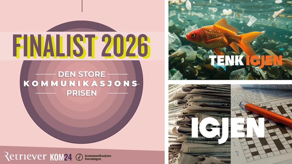 Nominering til Den store kommunikasjonsprisen 2026. Gullfisk i søppelhav og bunde med papir. Kollage.