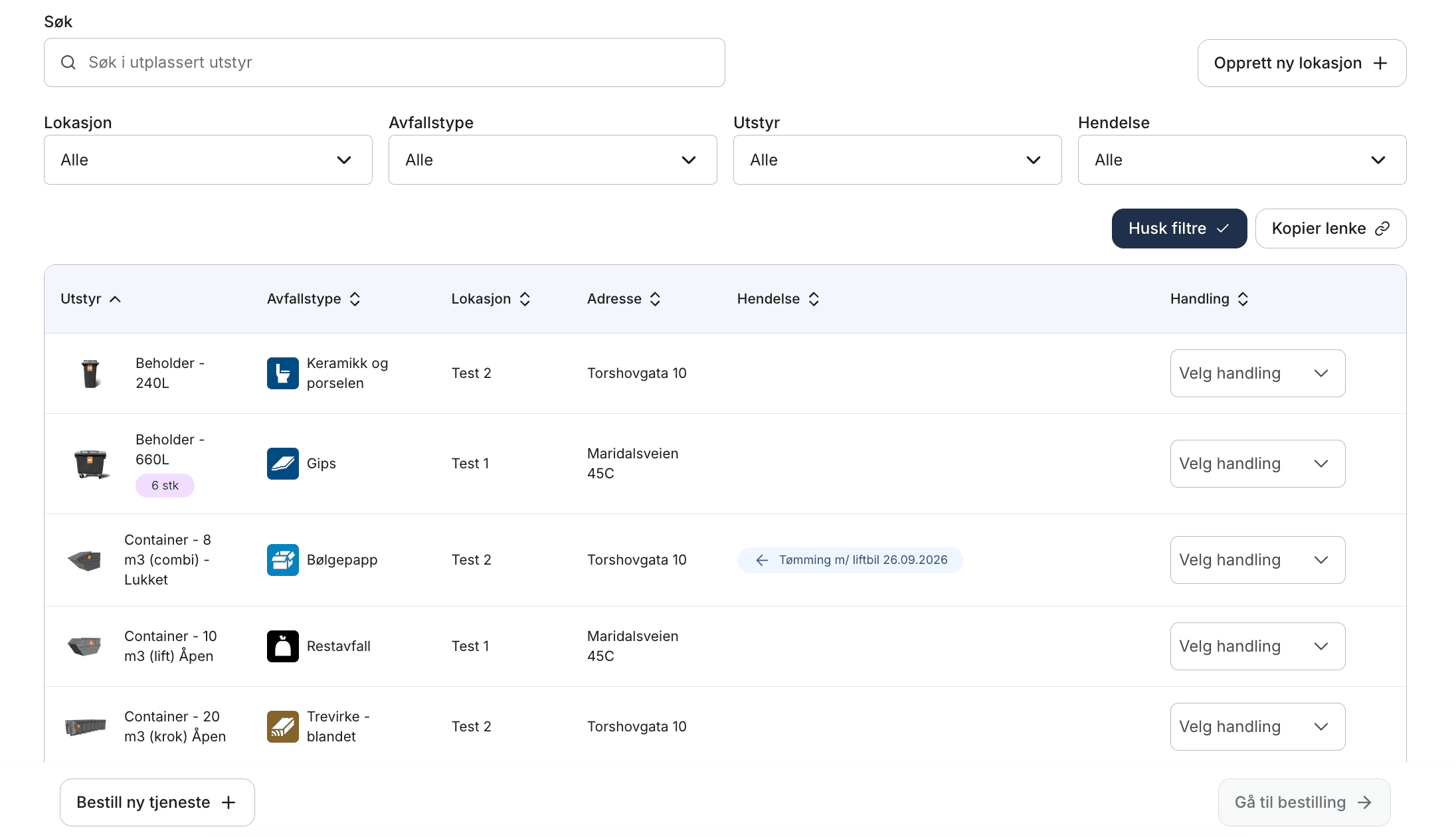 Skjermdump av innlogget side hos Norsk Gjenvinning som viser alt utstyret man har