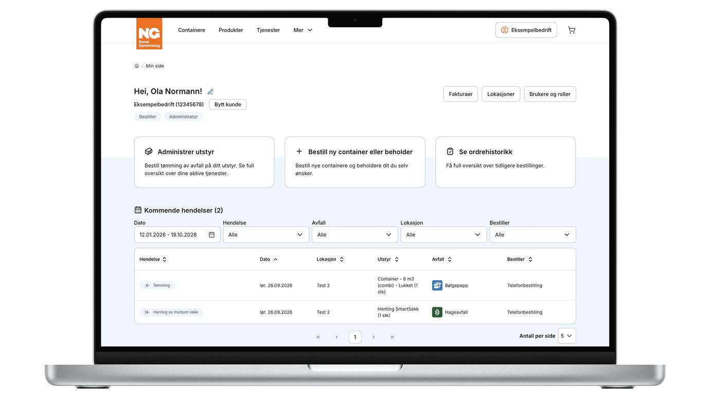 Skjermdump på en bærbar Mac som viser forsiden når man er logget inn på kundeportalen til Norsk Gjenvinning.