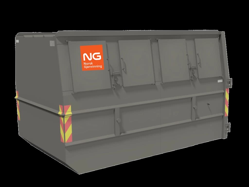 10 m3 lukket container for liftbil med Norsk Gjenvinning-logo. Illustrasjon.