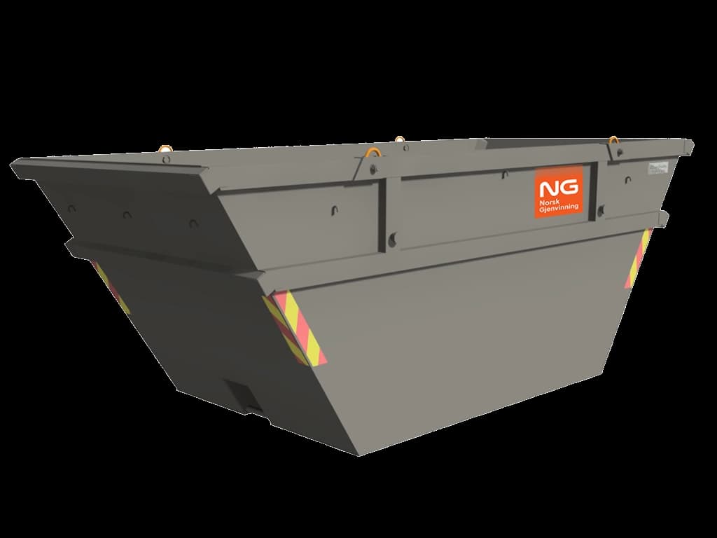 8 m3 åpen, grå container med Norsk Gjenvinning-logo. Illustrasjon.