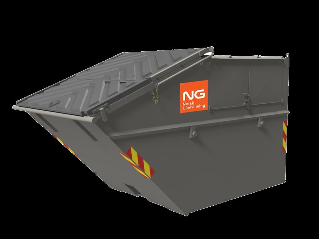 10 m3 lukket, grå container med Norsk Gjenvinning-logo. Illustrasjon.