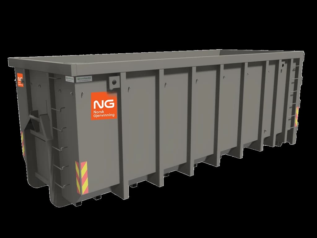 30 m3 åpen container for krokbil med Norsk Gjenvinning-logo. Illustrasjon.