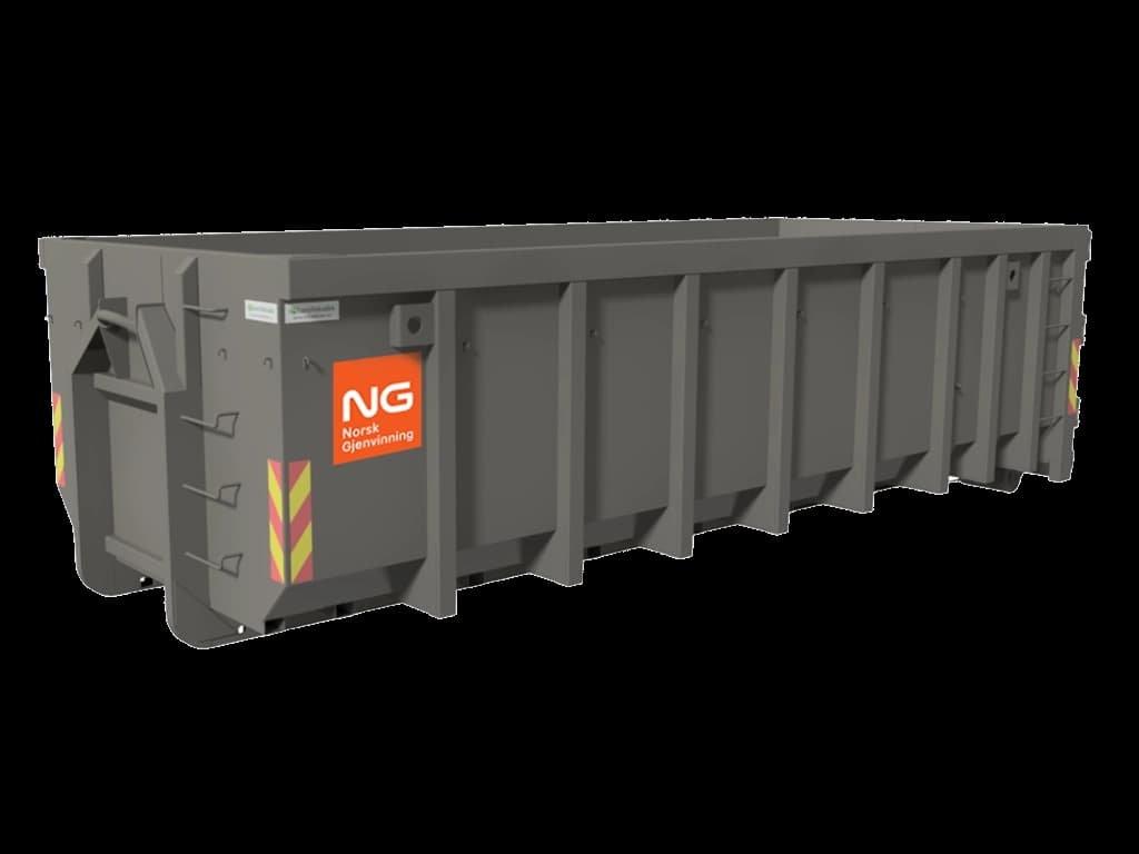 20 m3 åpen container med Norsk Gjenvinning-logo for krokbil. Illustrasjon.