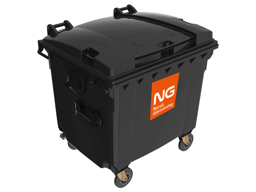 Stor grå avfallsbeholder 1 000 liter med Norsk Gjenvinning-logo. Foto.