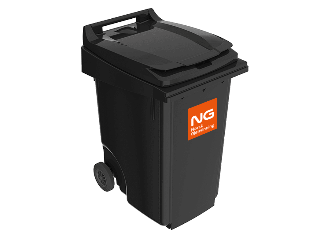 Stor grå avfallsbeholder 360 liter med Norsk Gjenvinning-logo. Foto.