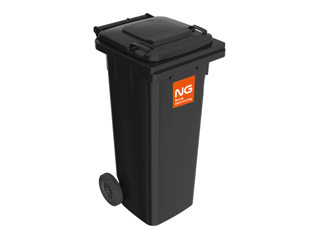 Stor grå avfallsbeholder 140 liter med Norsk Gjenvinning-logo. Foto.