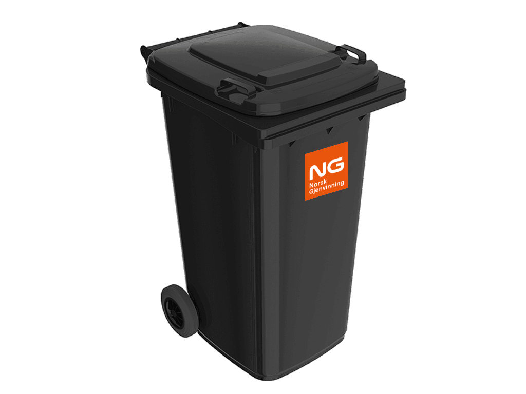 Stor grå avfallsbeholder 240 liter med Norsk Gjenvinning-logo. Foto.