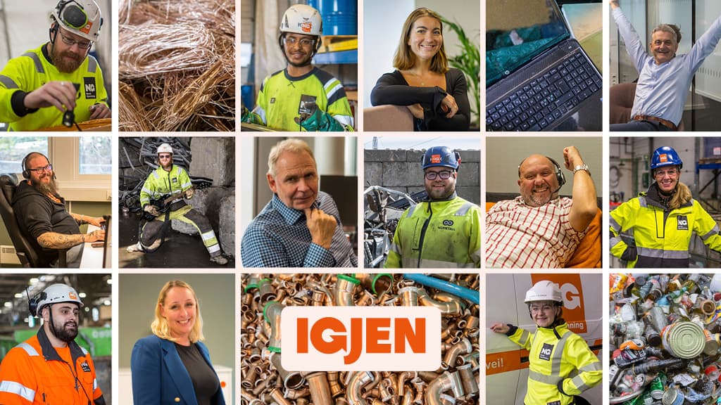 Collage med portretter av medarbeidere i Norsk Gjenvinning og forskjellige avfallstyper. Foto.